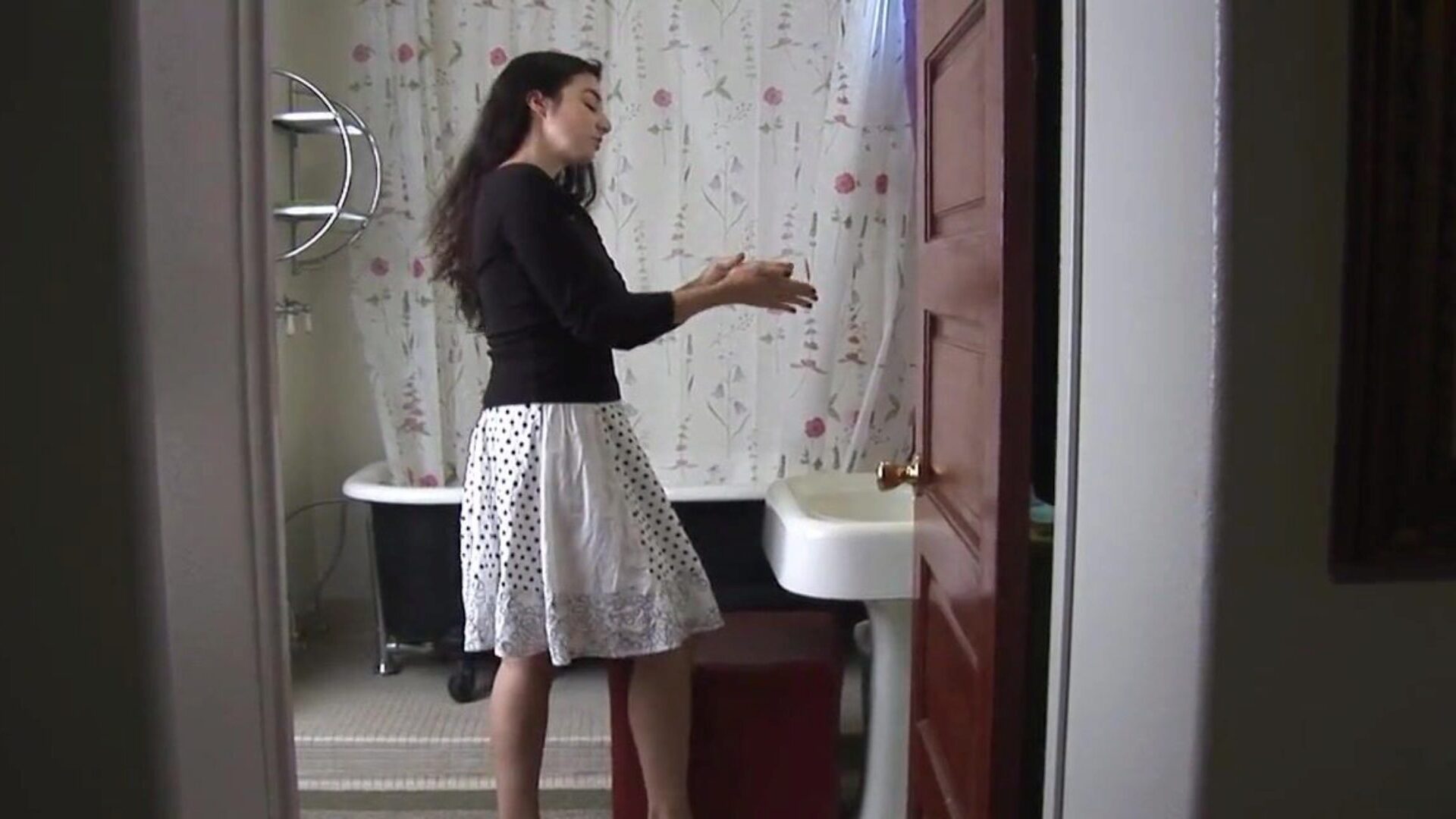 Amazing bushy Wara disrobes and strokes in washroom